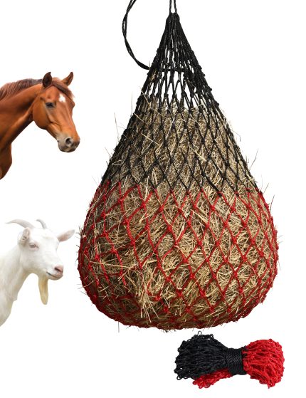Harrison Howard Dual-Color 40'' Slow Feed Hay Net for Horses with 2"x2" Mesh Holes Goat Feeder Black-Red