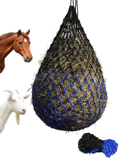 Harrison Howard Dual-Color 40'' Slow Feed Hay Net for Horses with 2"x2" Mesh Holes Goat Feeder Black-Blue