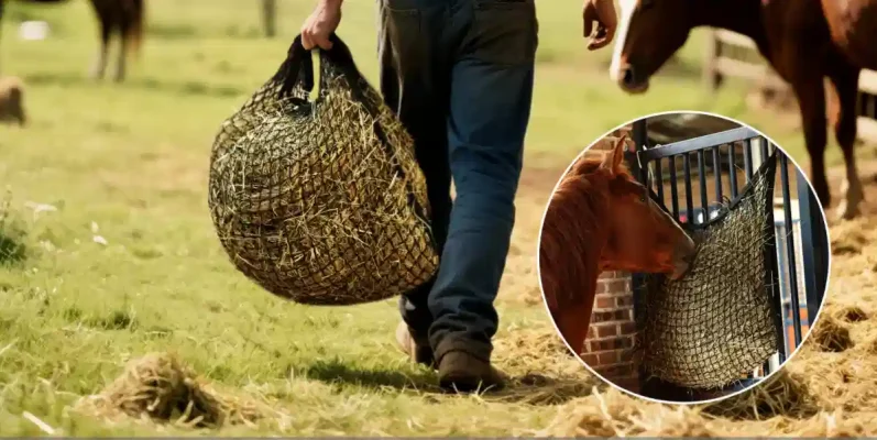 horse eating from slow feed hay net in stable