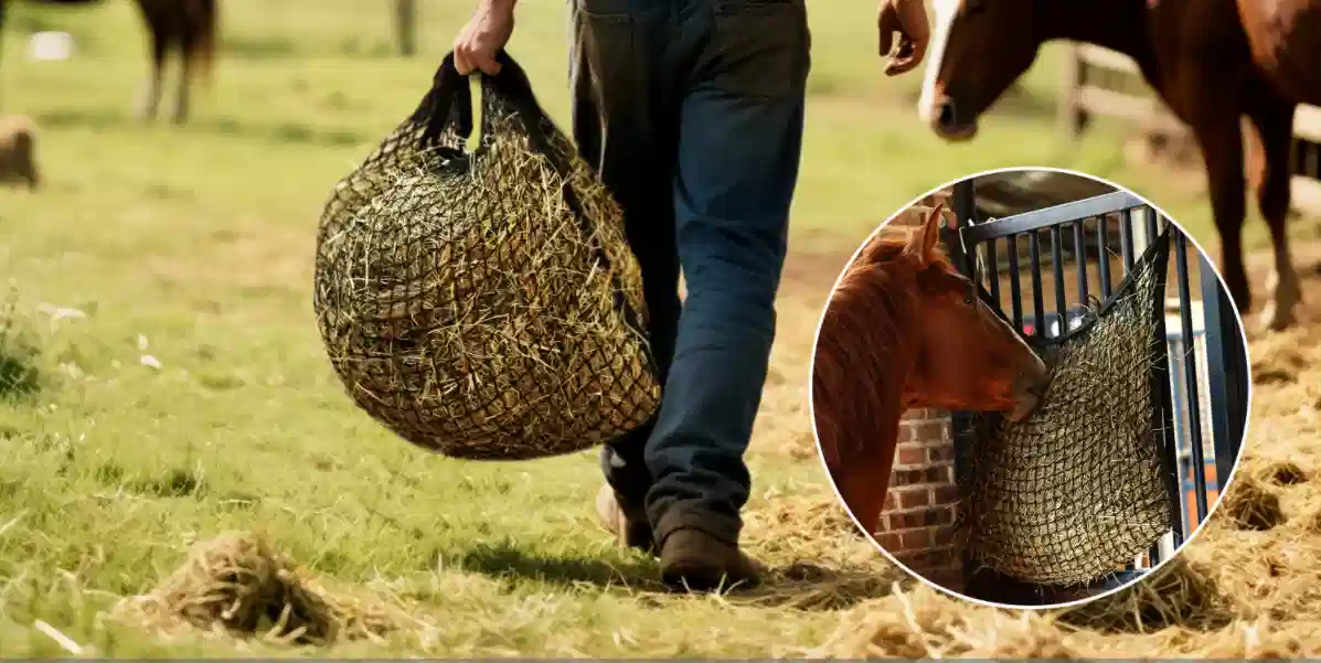 horse eating from slow feed hay net in stable