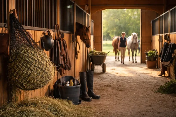 horse eating hay from a hay net inside a well-lit stable