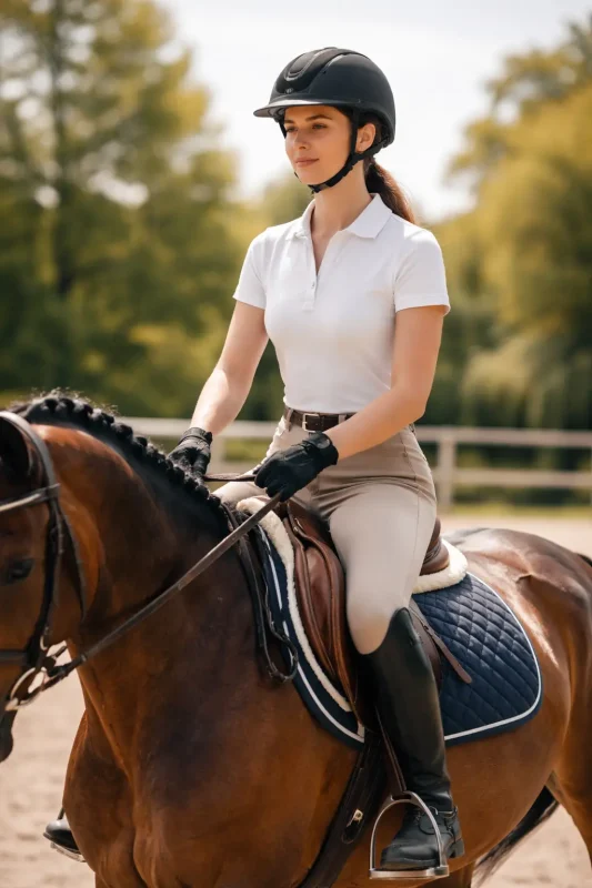 riding tips showing relaxed upper body position of rider on horse in arena