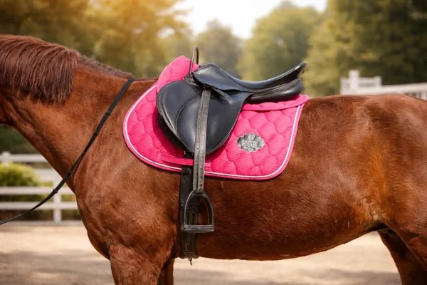 horse wearing saddle pad with English saddle in outdoor arena