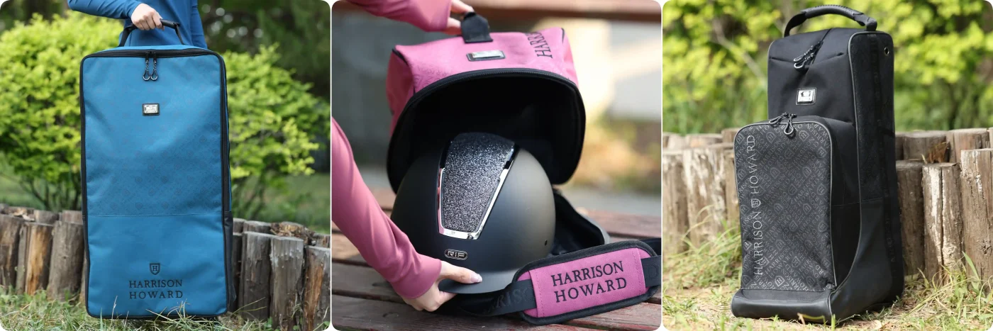 helmet storage bag and equestrian gear bags arranged at a luxury horse stable