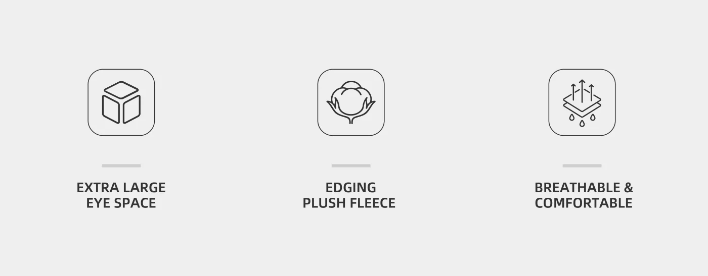 Three feature icons on a light background describing a horse fly mask: “Extra Large Eye Space,” “Edging Plush Fleece,” and “Breathable & Comfortable.”