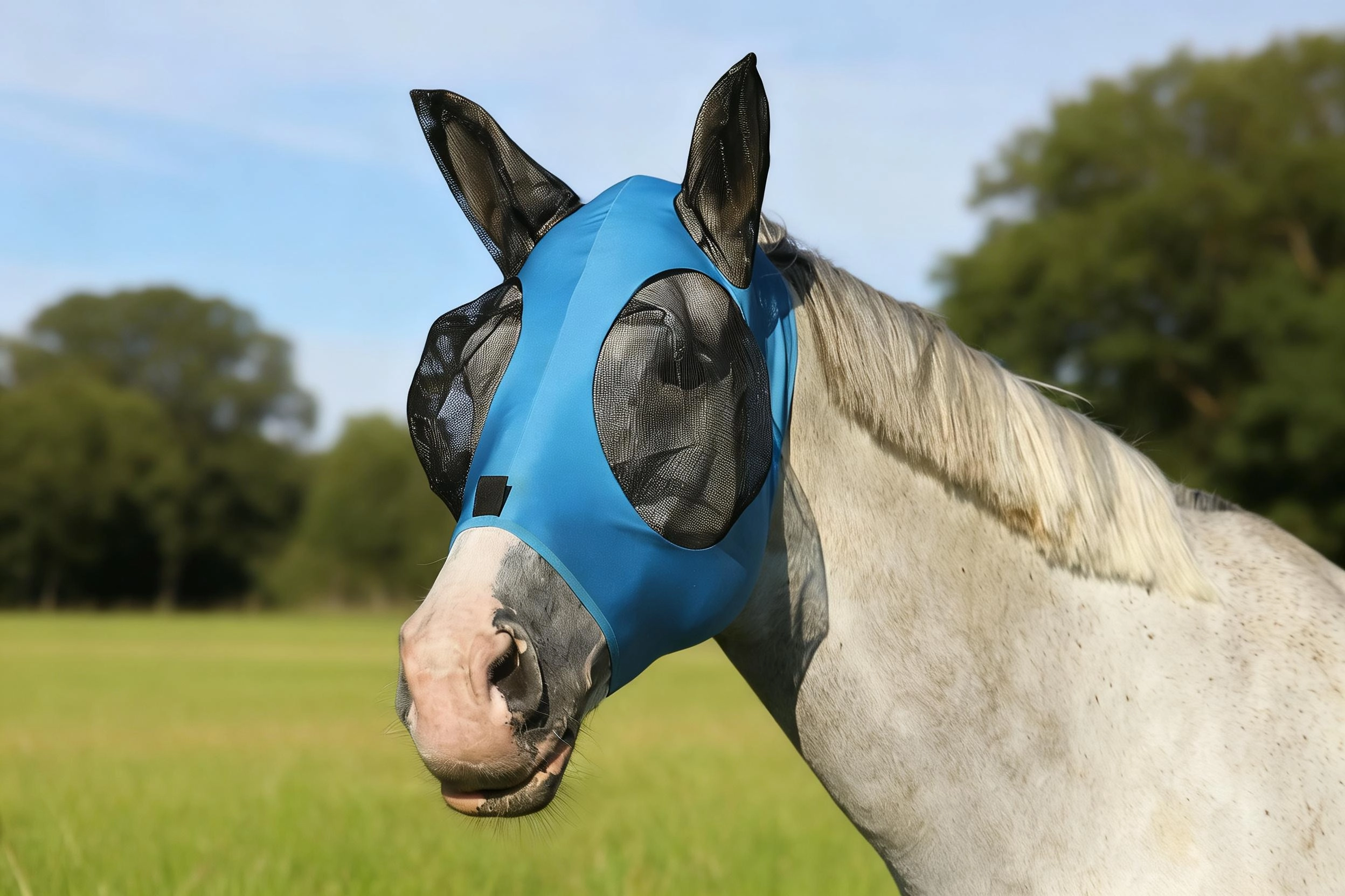 Close-up of a gray horse in a blue field wearing a blue horse fly mask with black mesh eye panels and ear covers.