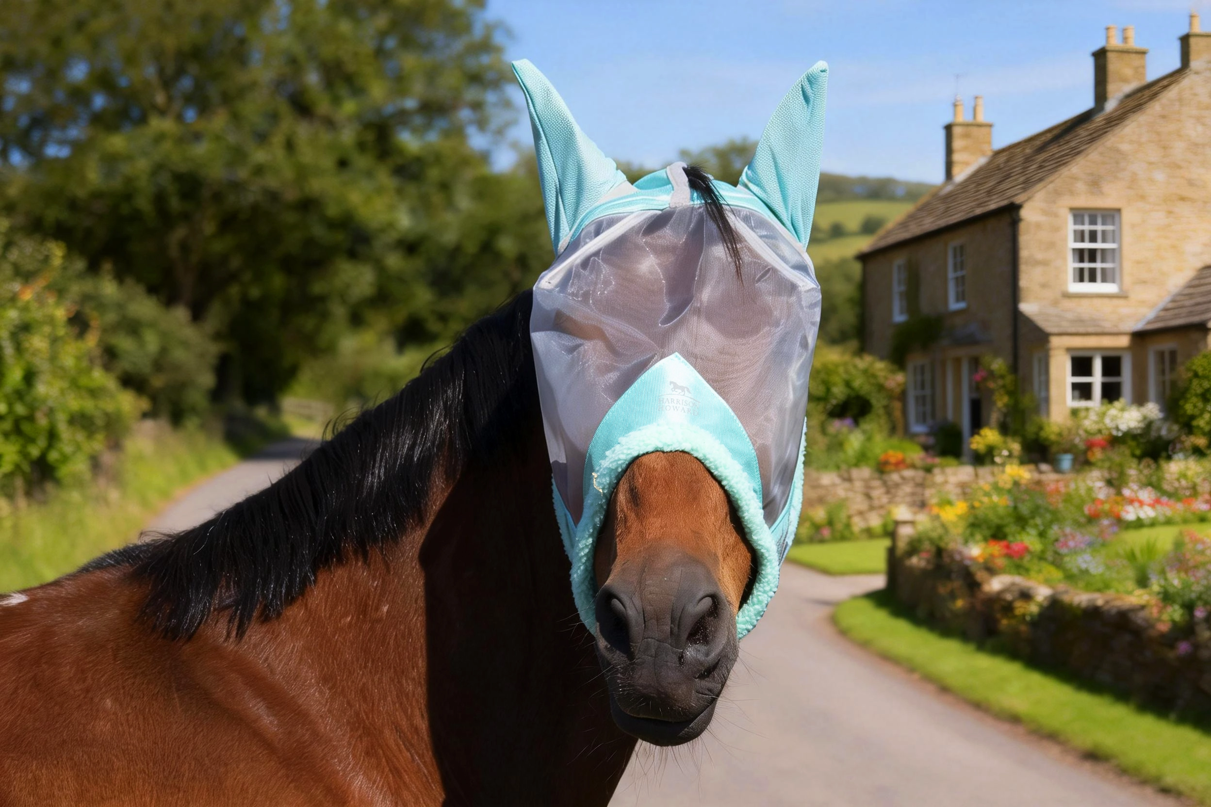 A brown horse on a country lane wearing a mint-colored horse fly mask with a light mesh face cover and tall ear covers.