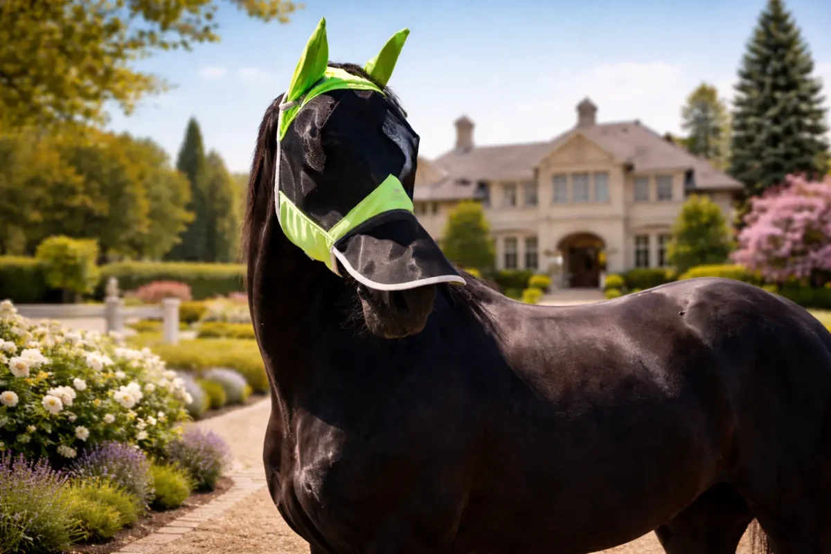 Black horse wearing a green horse fly mask standing in a landscaped garden with an elegant estate in the background