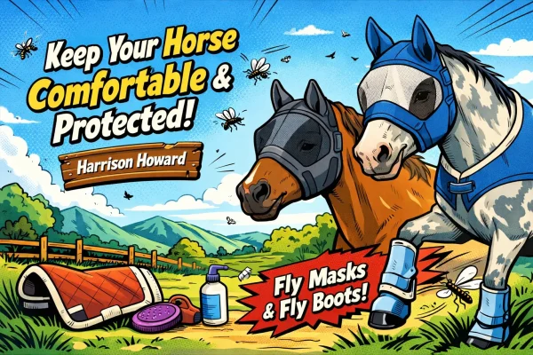 Horse fly mask and fly boots shown on horses in a colorful outdoor illustration for summer insect protection