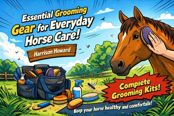 Essential grooming gear and complete grooming kits displayed in a colorful horse care illustration