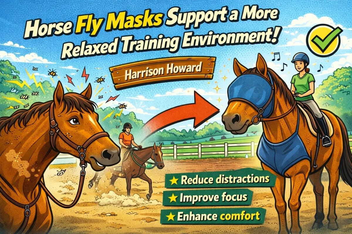 Illustration showing how a horse fly mask helps reduce distractions and improve focus during training