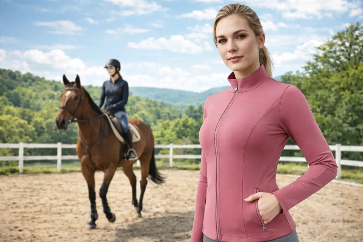 Women’s pink equestrian riding jacket styled for training in an outdoor riding arena