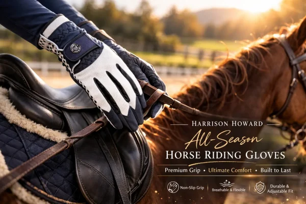 White and navy riding gloves with breathable mesh backs and reinforced non-slip palms displayed side by side.
